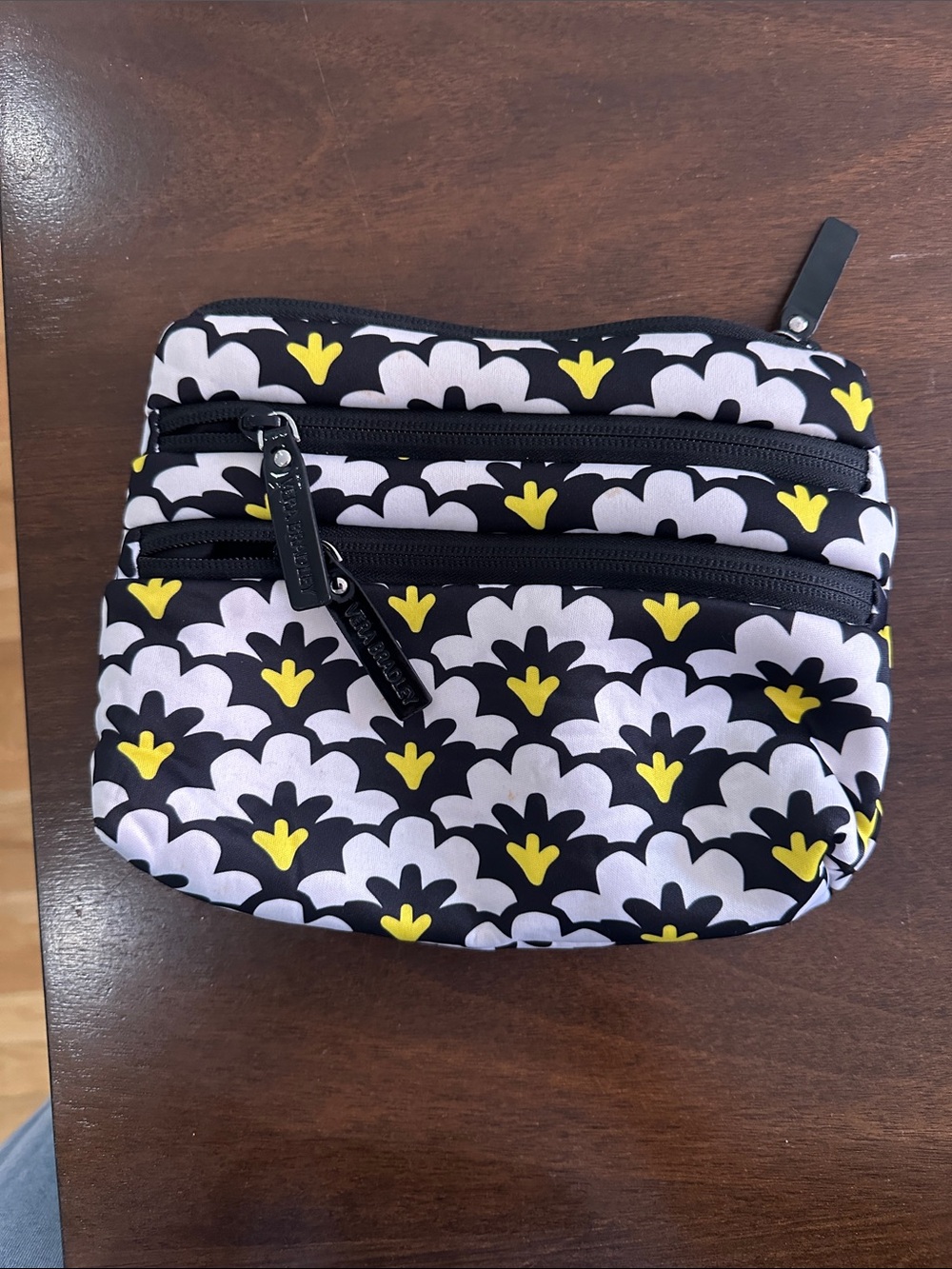 Vera Bradley Women's Black Floral Print Zip Pouch with Yellow Accents